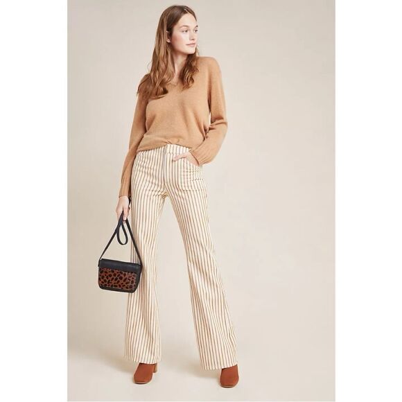 NEW Anthropologie Kellie Gold Striped Lightweight Flare Trousers Pants Size 32 - Picture 1 of 5